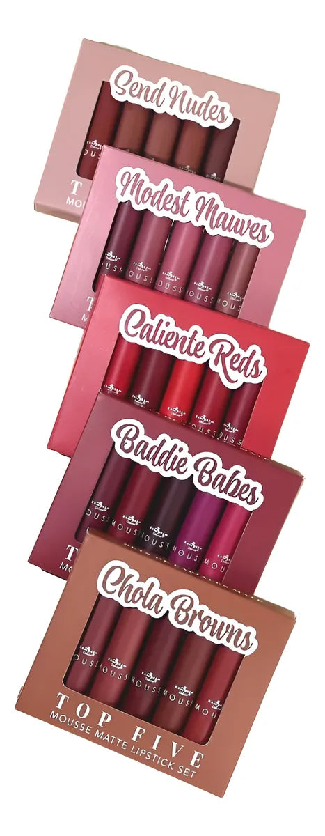 🔥 SET DE 5 LABIALES MOUSSE MATTE LARGA DURACIÓN 💄 RESISTENTE AL AGUA 💧 – ITALIA DELUXE